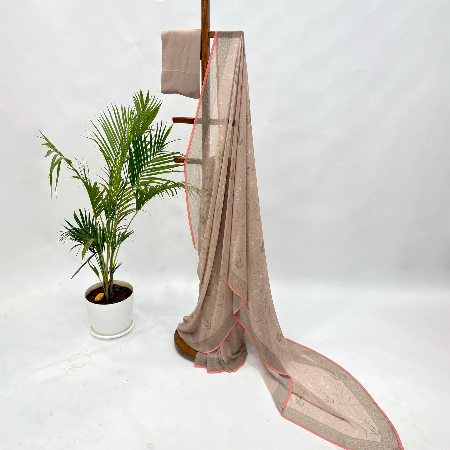 Onion Pink Botanical Print Georgette Saree