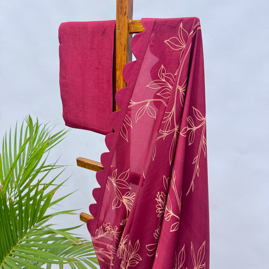 Red Foliole Outline Silk Scallop Saree