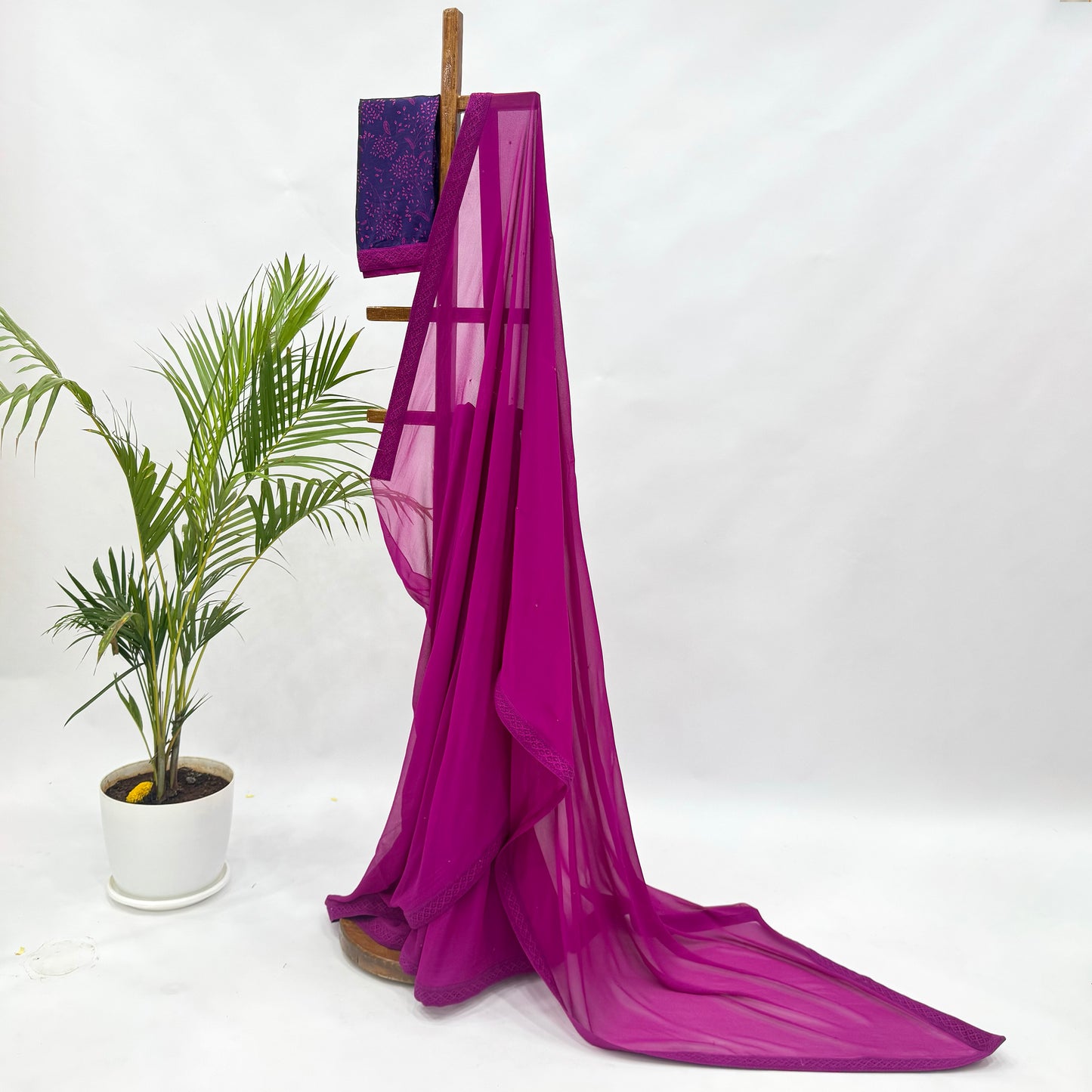 Magenta Pink Georgette Sequin Embroidery Saree with Purple Kumri Silk Blouse