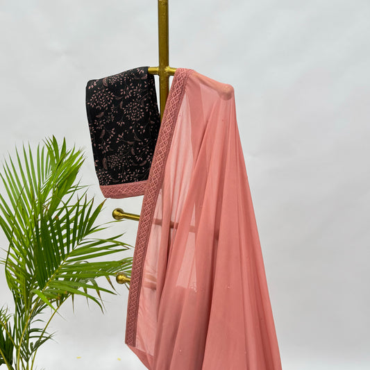 Rose Brown Georgette Sequin Embroidery Saree with Black Kumri Silk Blouse
