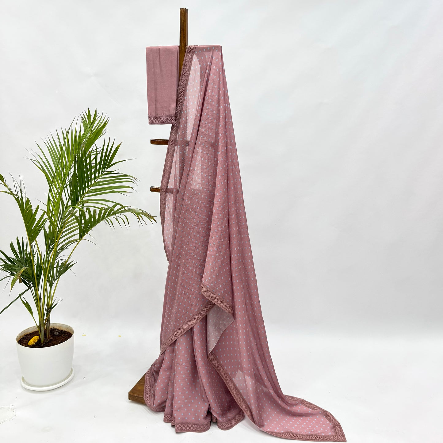 Old Rose Polka Dots Chinnon Saree