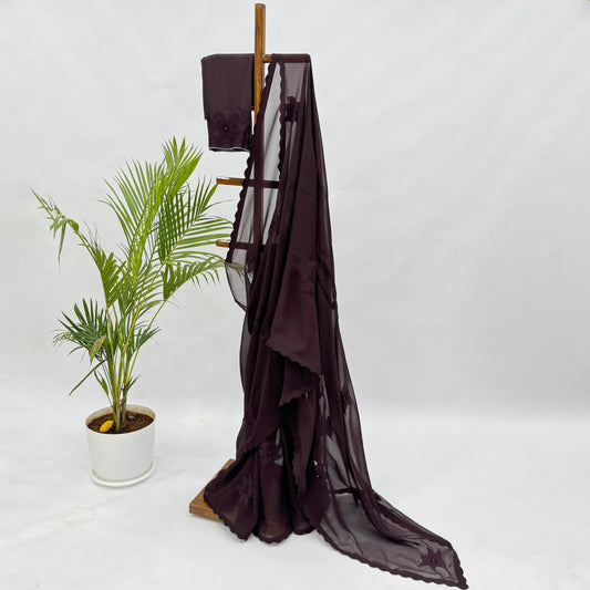 Brown VT Applique Motifs Falling Organza Saree