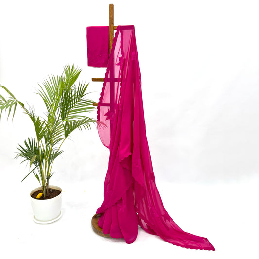 Hot Pink VT Applique Motifs Falling Organza Saree
