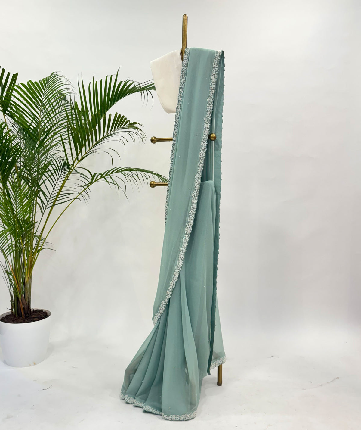 PASTEL BLUE PEARL BORDER GEORGETTE SAREE