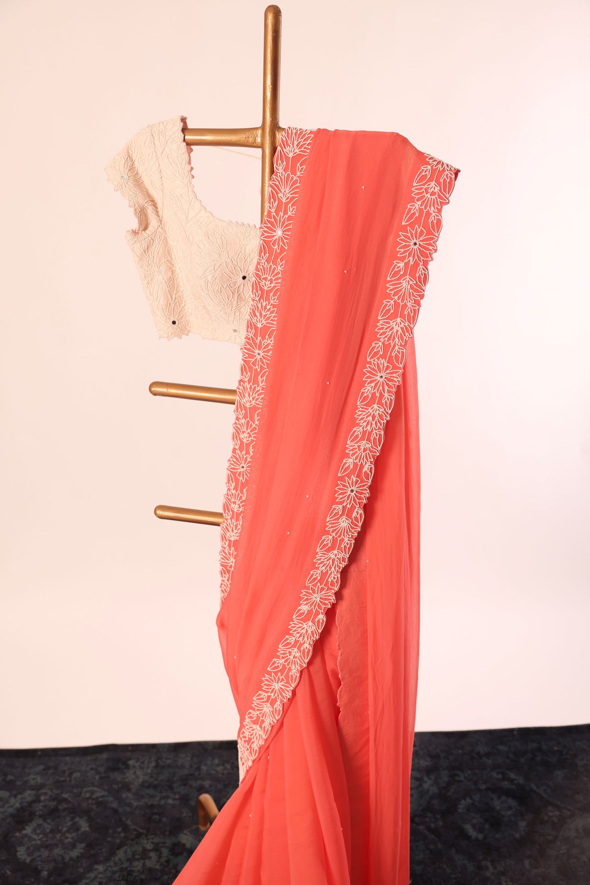 PEACH PEARL BORDER ORGANZA SAREE WITH SMALL PEARL EMBROIDERED BLOUSE