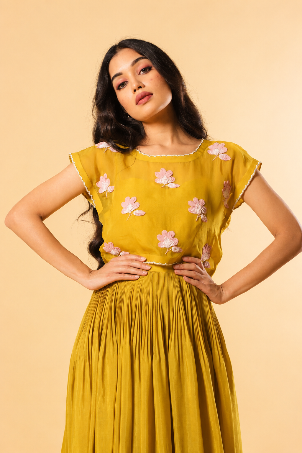 Yellow Georgette Flowers Tie Jakcet Floorlength