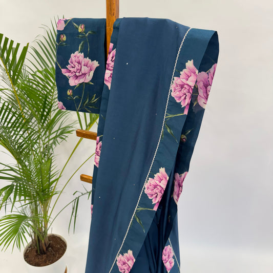 TEAL BLUE PEONIA BORDER CHANDERI SILK SAREE