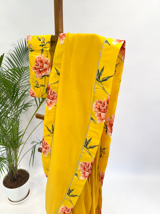 YELLOW PEONIA BORDER CHANDERI SILK SAREE