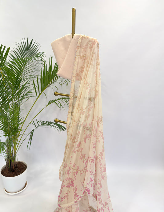IVORY GRADIENT FOLIOLE GEORGETTE SAREE WITH BEAD SCALLOP