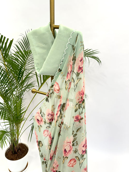 SEAGREEN FLOWER BUNCH PEARL SCALLOP SAREE