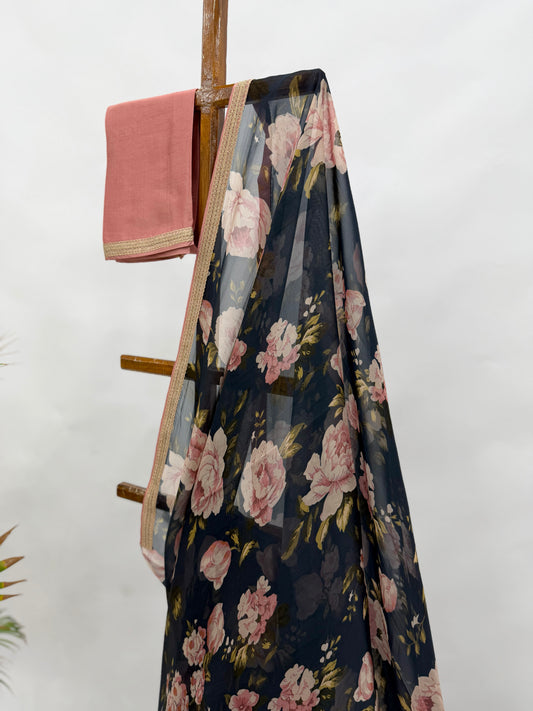 DARK BLUE FLOWER BUNCH ORGANZA SAREE