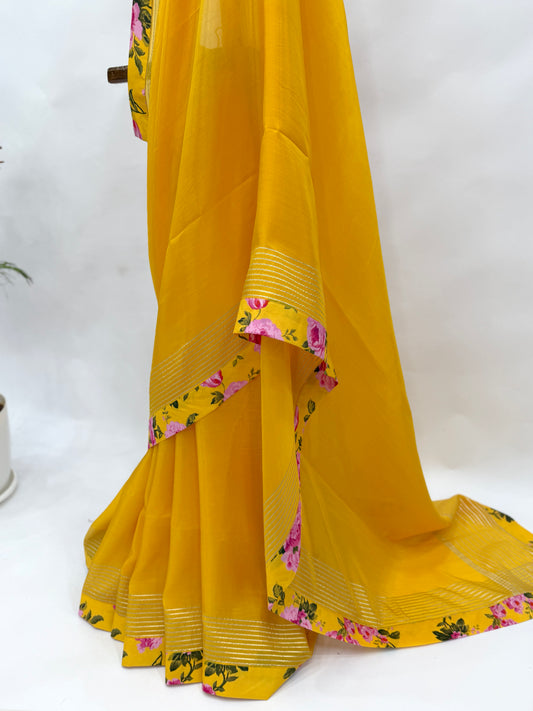 YELLOW FLOWER BUNCH SILK BORDER CREPE SILK SAREE