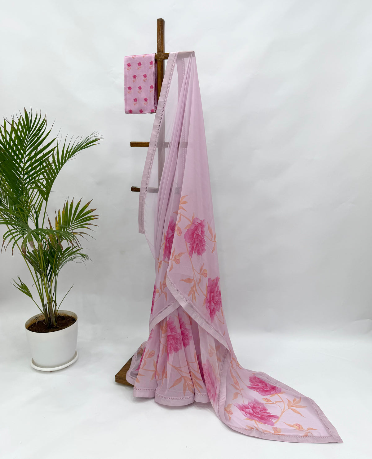 LAVENDER PINK SINGLE PEONIA BORDER GEORGETTE SAREE WITH SILK BORDER