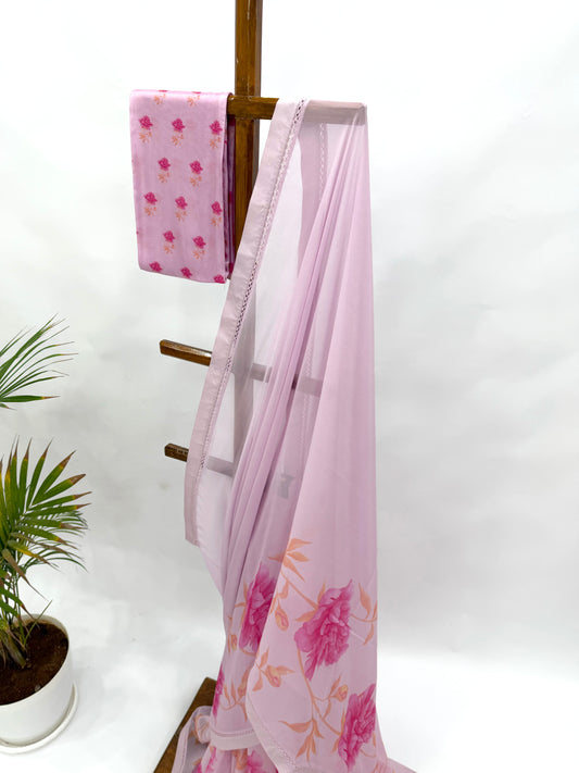 LAVENDER PINK SINGLE PEONIA BORDER GEORGETTE SAREE WITH SILK BORDER
