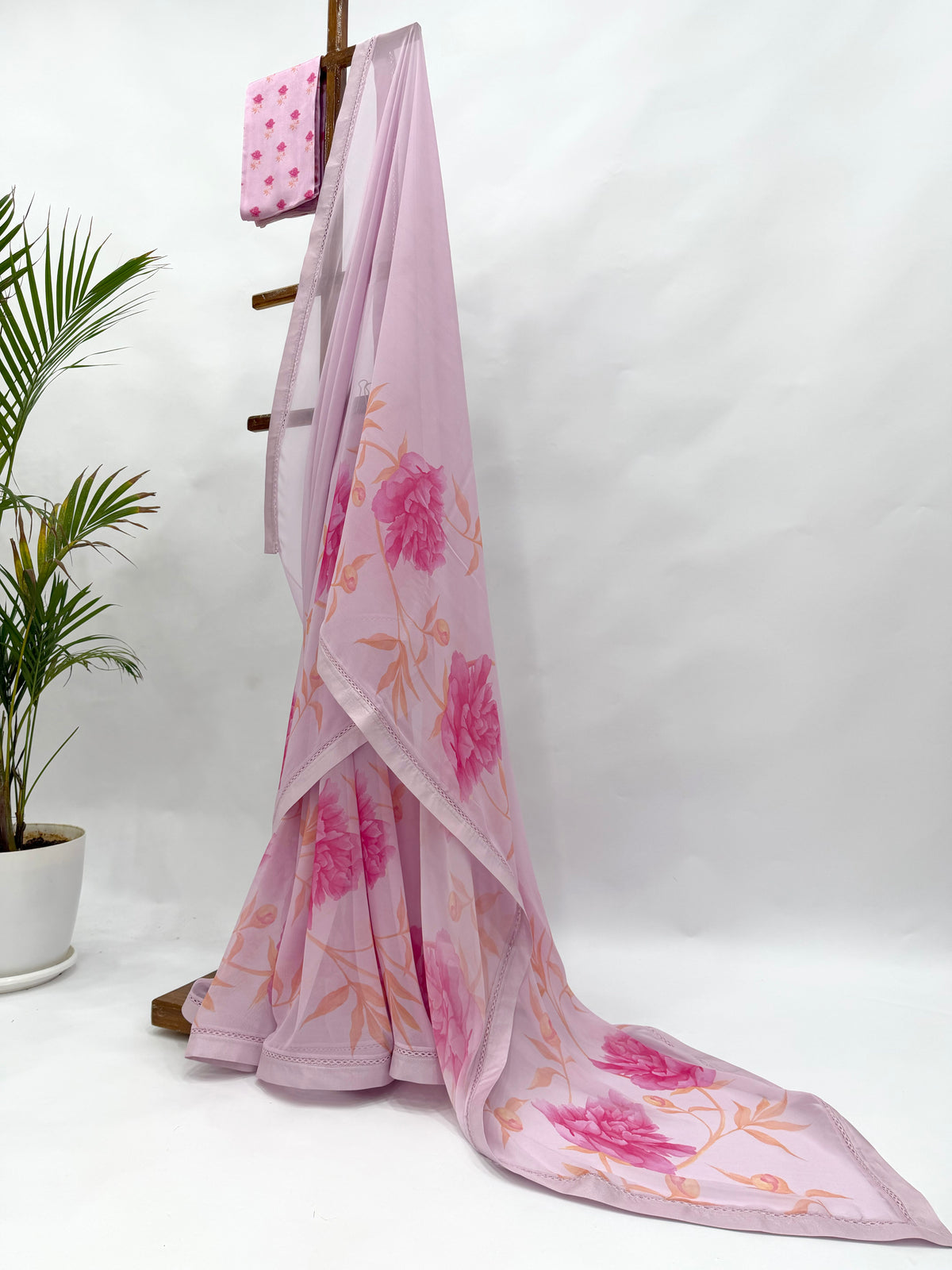 LAVENDER PINK SINGLE PEONIA BORDER GEORGETTE SAREE WITH SILK BORDER