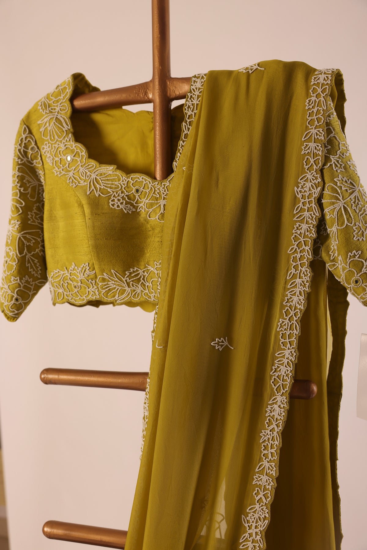 Mehndi Green Pearl beads border Organza Saree with Handembroidery Blouse