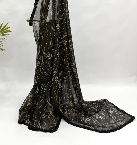 BLACK BOTANICA GEORGETTE SAREE WITH RUFFLES