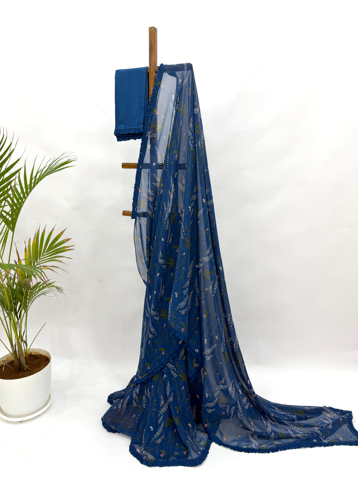 ROYAL BLUE BOTANICA GEORGETTE SAREE WITH RUFFLES