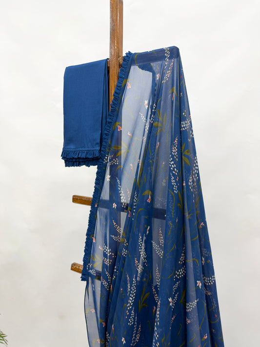 ROYAL BLUE BOTANICA GEORGETTE SAREE WITH RUFFLES