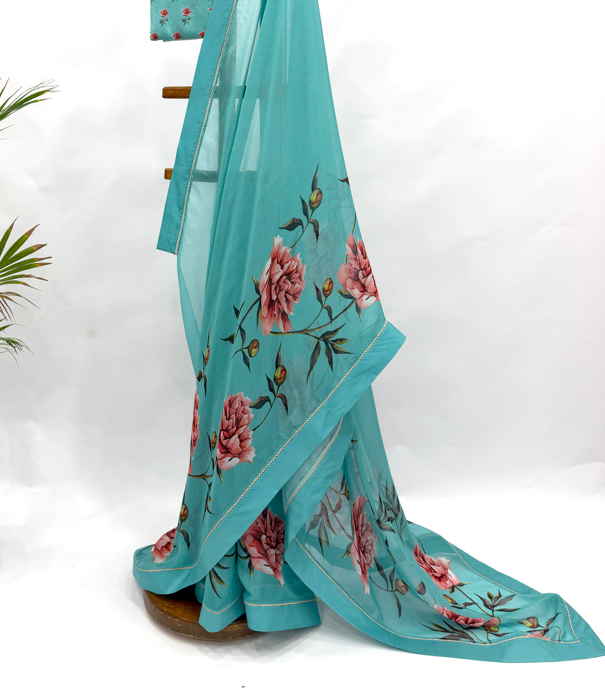 COPPER SULPHATE BLUE PEONIA BORDER ORGANZA SAREE WITH SILK BORDER
