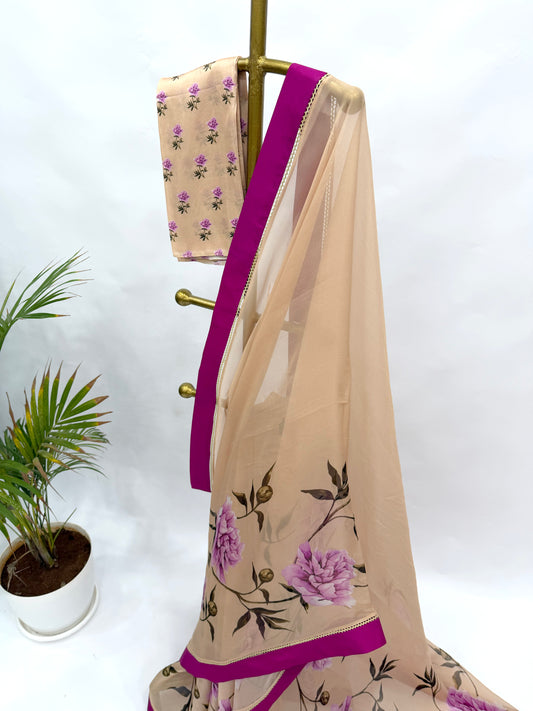 BEIGE PEONIA BORDER ORGANZA SAREE WITH SILK BORDER