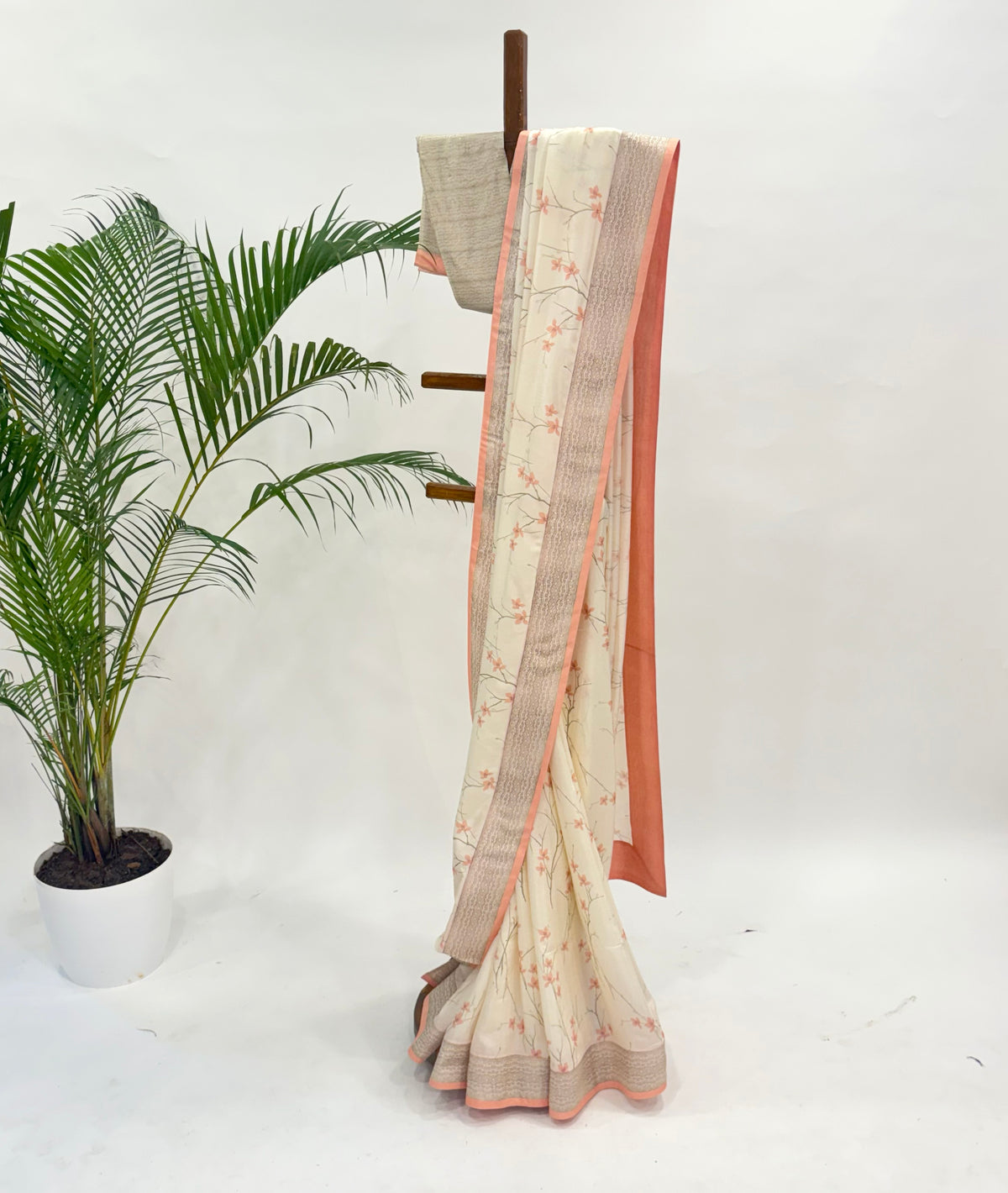IVORY BLOOM SOFT SILK SAREE WITH PEACH SILK BORDER