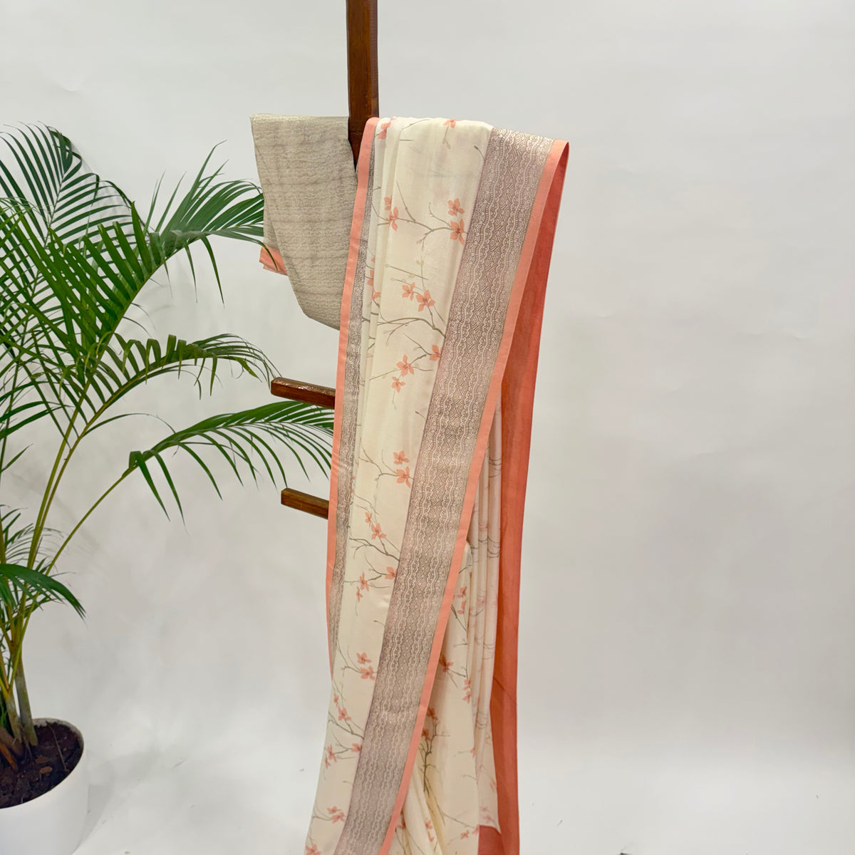 IVORY BLOOM SOFT SILK SAREE WITH PEACH SILK BORDER
