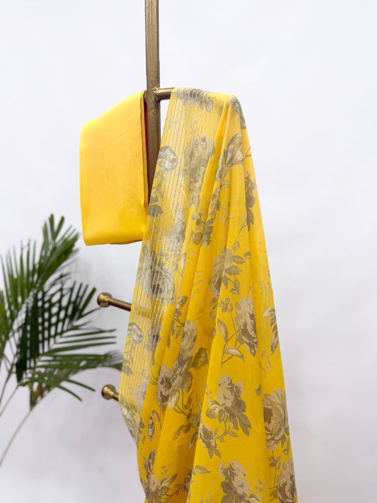 YELLOW SINGLE FLOWER BUNCH CREPE SILKS SAREE