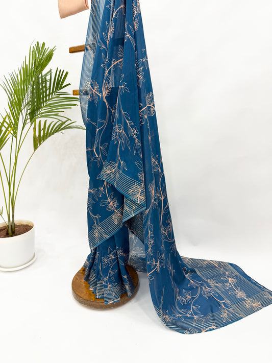 PEACOCK BLUE OT FOLIOLE CREPE SILK SAREE WITH PEACH BLOUSE FABRIC
