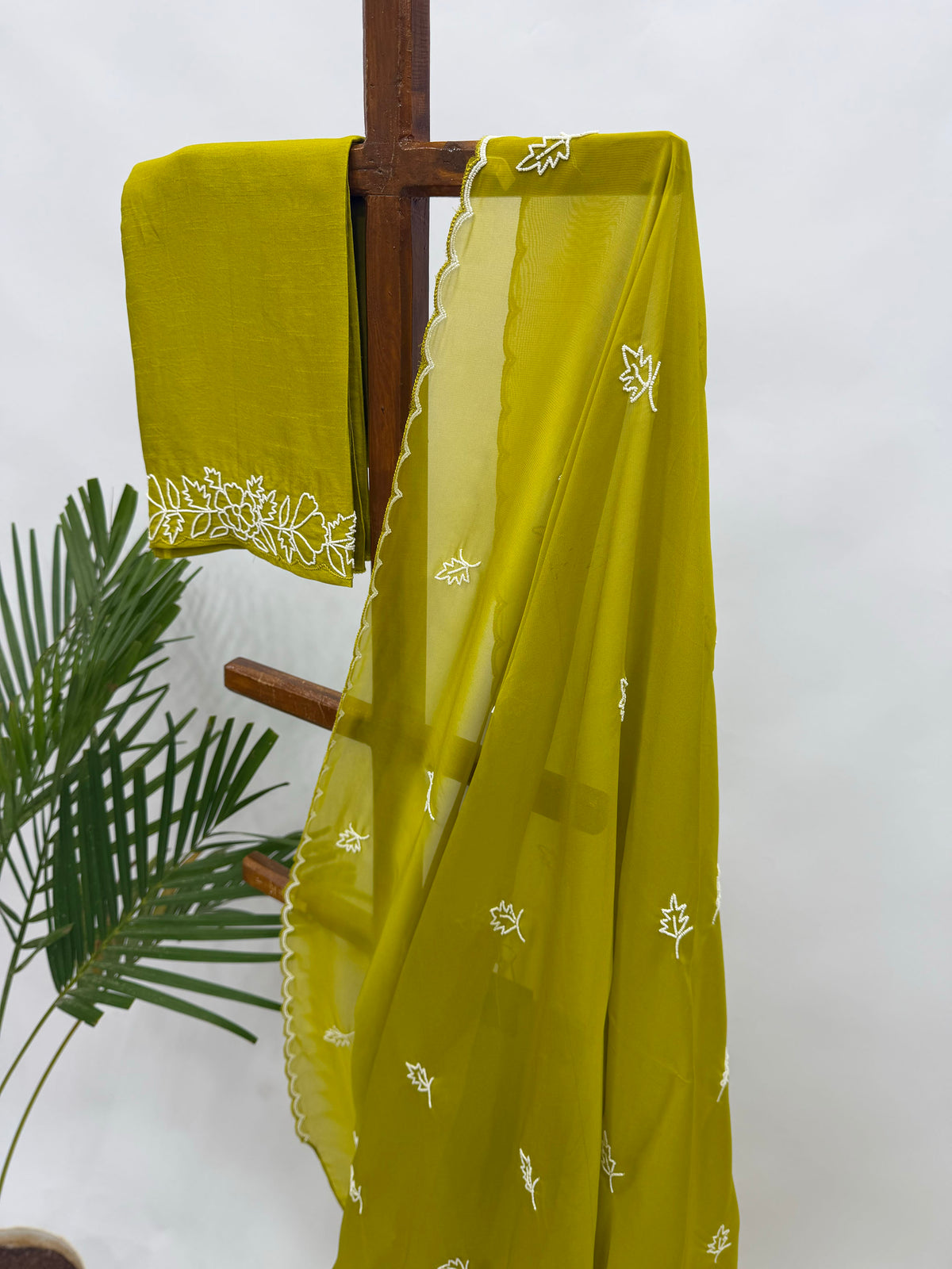 LIMEGREEN ORGANZA SAREE WITH PEARL LEAF MOTIFS