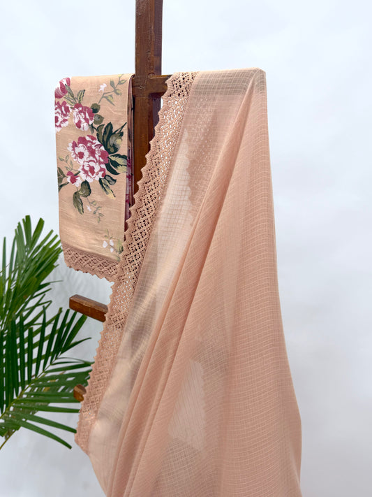 BEIGE KOTA SAREE WITH FLOWER BUNCH BLOUSE FABRIC
