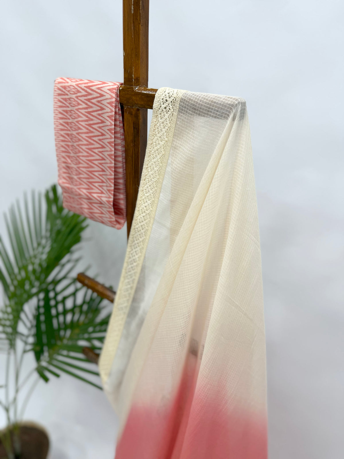 PEACH OMBRE KOTA SAREE WITH STRIPES BLOUSE FABRIC