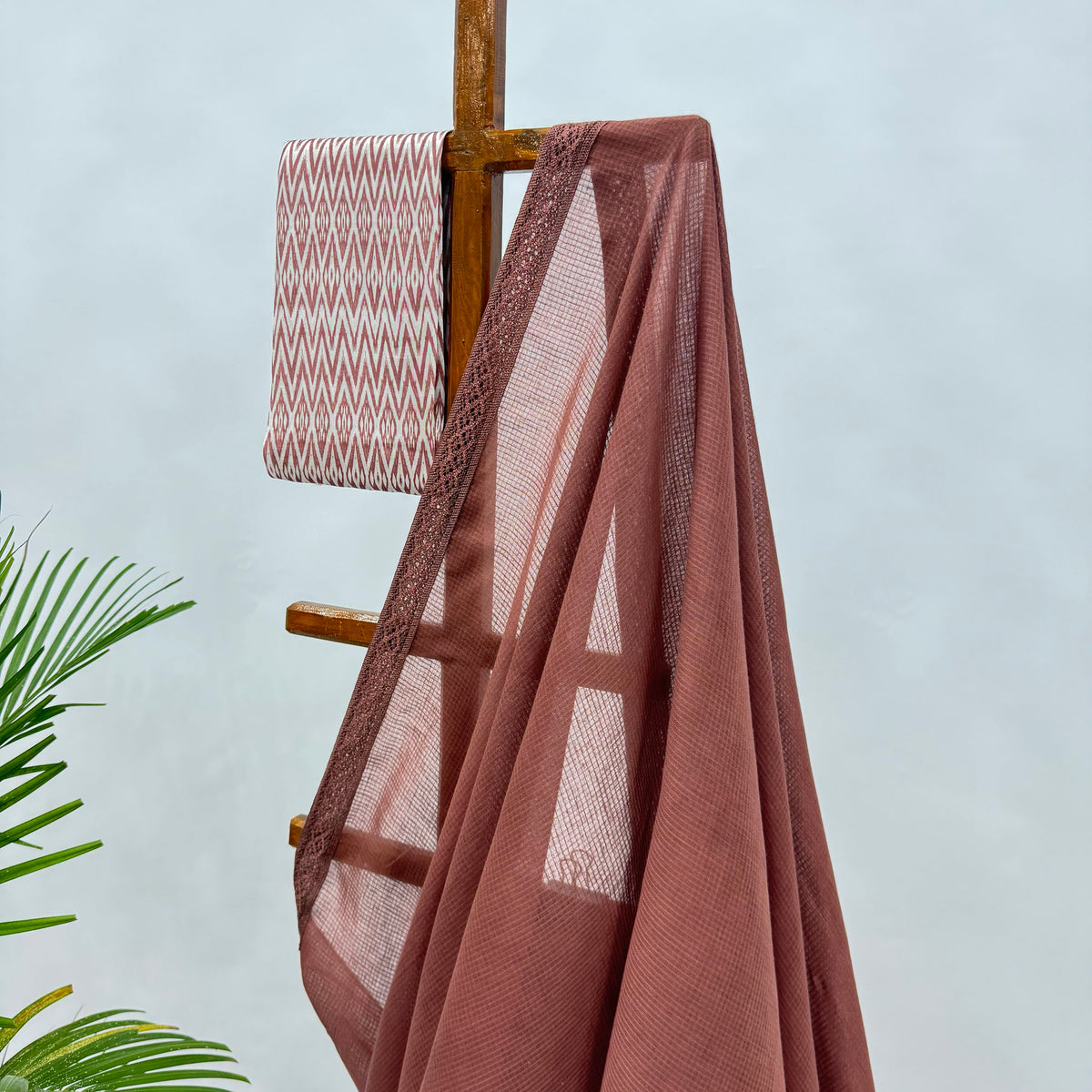 BROWN KOTA SAREE WITH STRIPES BLOUSE FABRIC