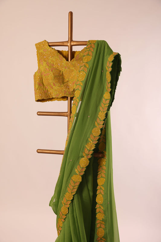 LEAFGREEN WITH YELLOW APPLIQUE BORDER ORGANZA SAREE WITH EMBROIDERY BLOUSE