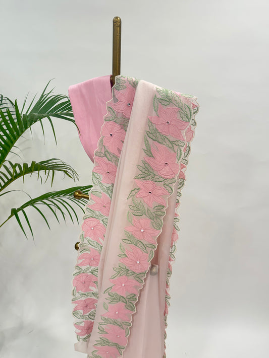 BLUSH VT APPLIQUE FALLING ORGANZA SAREE WITH UNSTITCHED BLOUSE FABRIC