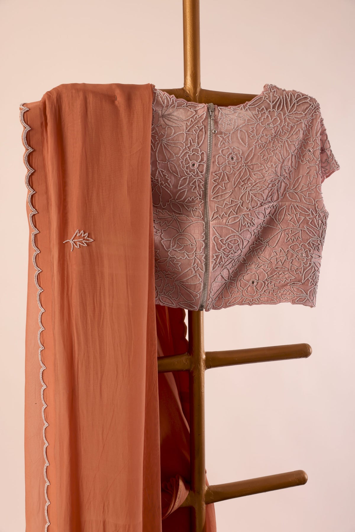 BROWN PEARL BORDER ORGANZA SAREE WITH APPLIQUE BLOUSE