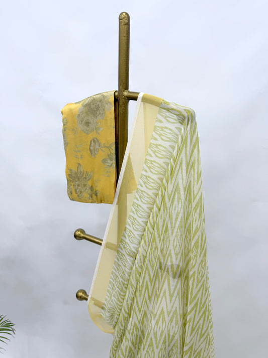 GREEN STRIPES GEORGETTE SAREE WITH YELLOW FLORAL BLOUSE FABRIC