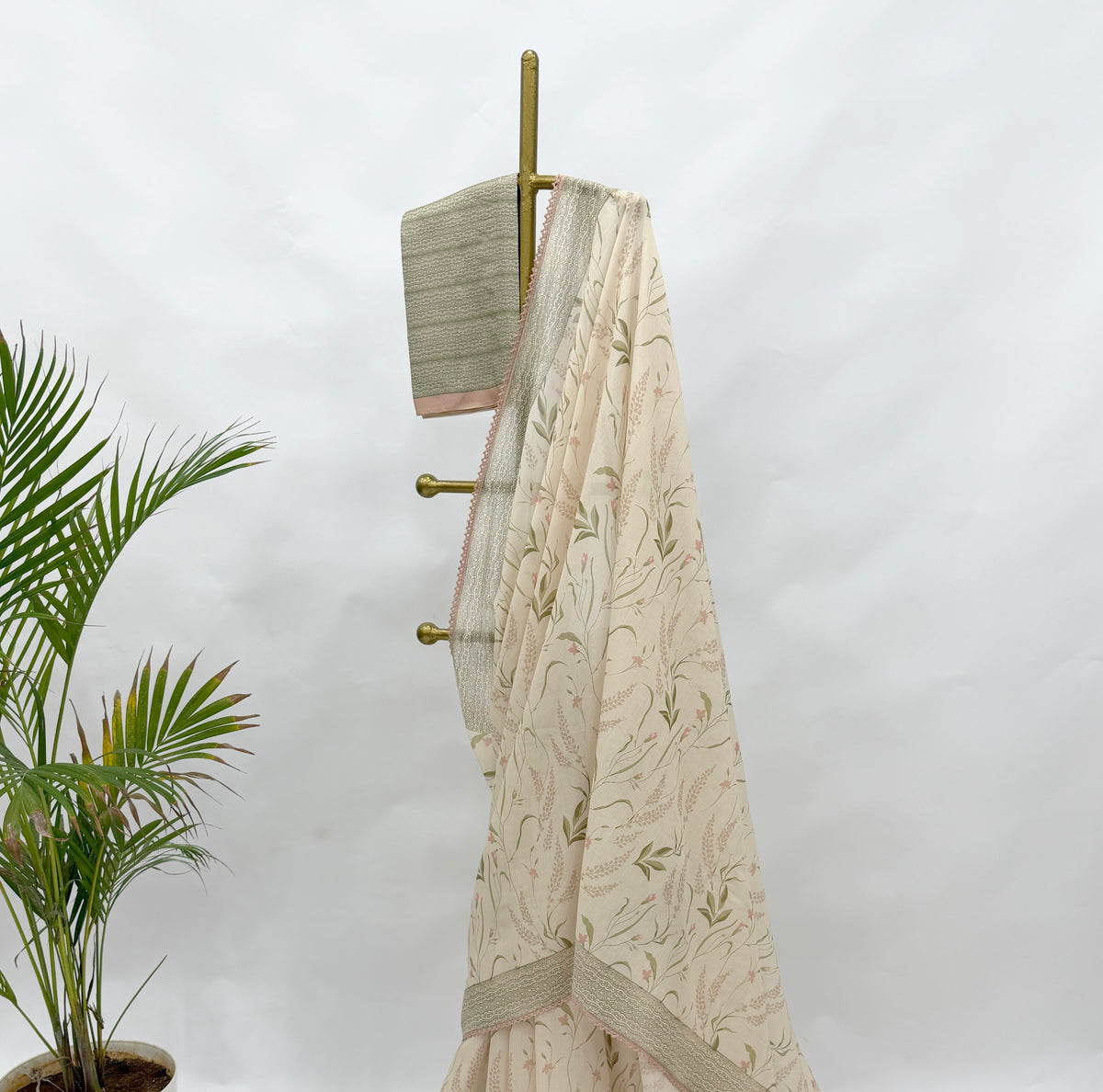 IVORY BOTANICAL CHANDERI SAREE AND SILK BLOUSE FABRIC