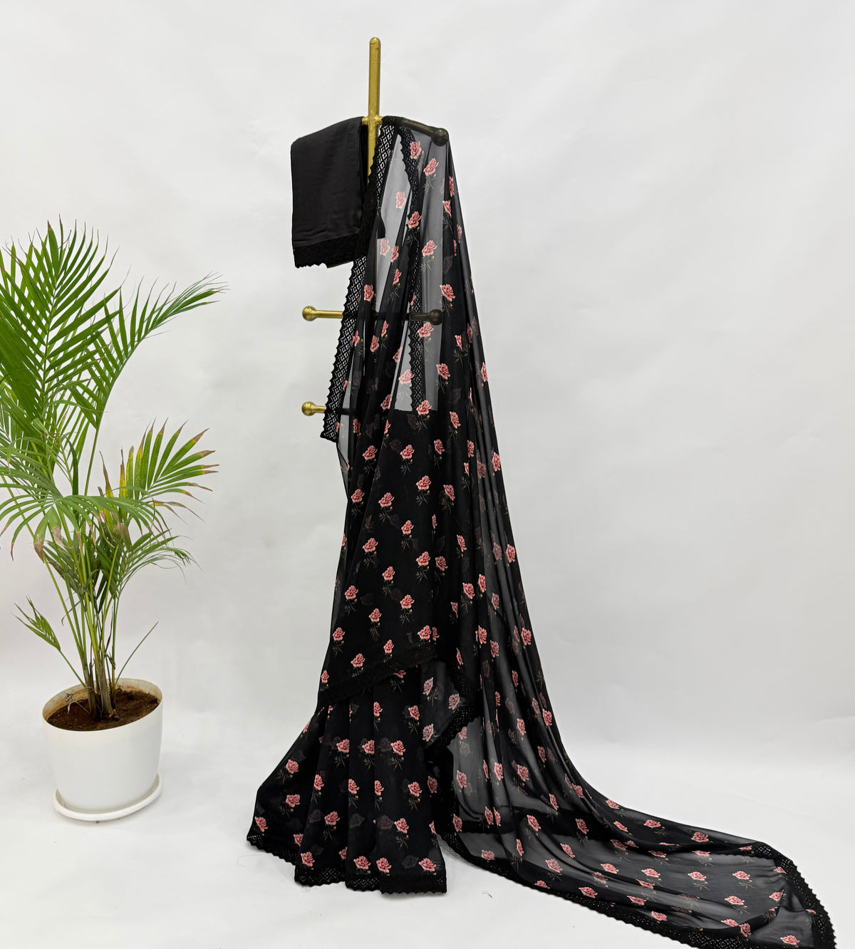 BLACK PEONIA MOTIFS GEORGETTE SAREE WITH CROCHET LACE AND SILK BLOUSE FABRIC