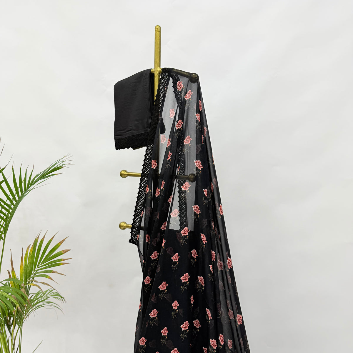 BLACK PEONIA MOTIFS GEORGETTE SAREE WITH CROCHET LACE AND SILK BLOUSE FABRIC