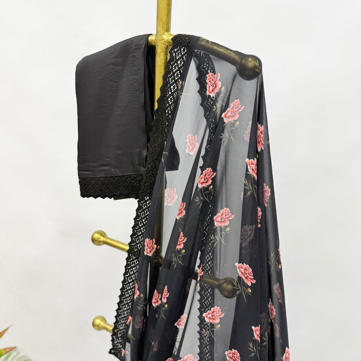 BLACK PEONIA MOTIFS GEORGETTE SAREE WITH CROCHET LACE AND SILK BLOUSE FABRIC
