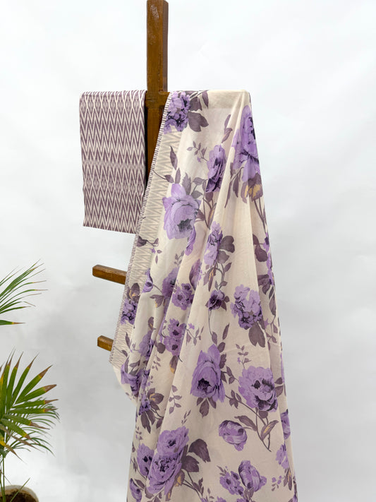 IVORY LAVENDER FLOWER BUNCH CHANDERI SAREE WITH STRIPES BORDER AND BLOUSE FABRIC