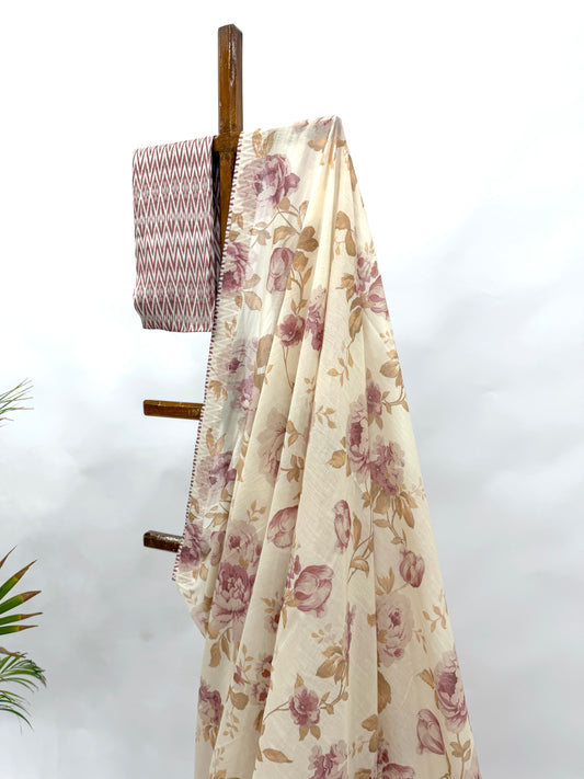 IVORY BEIGE FLOWER BUNCH CHANDERI SAREE WITH STRIPES BORDER AND BLOUSE FABRIC