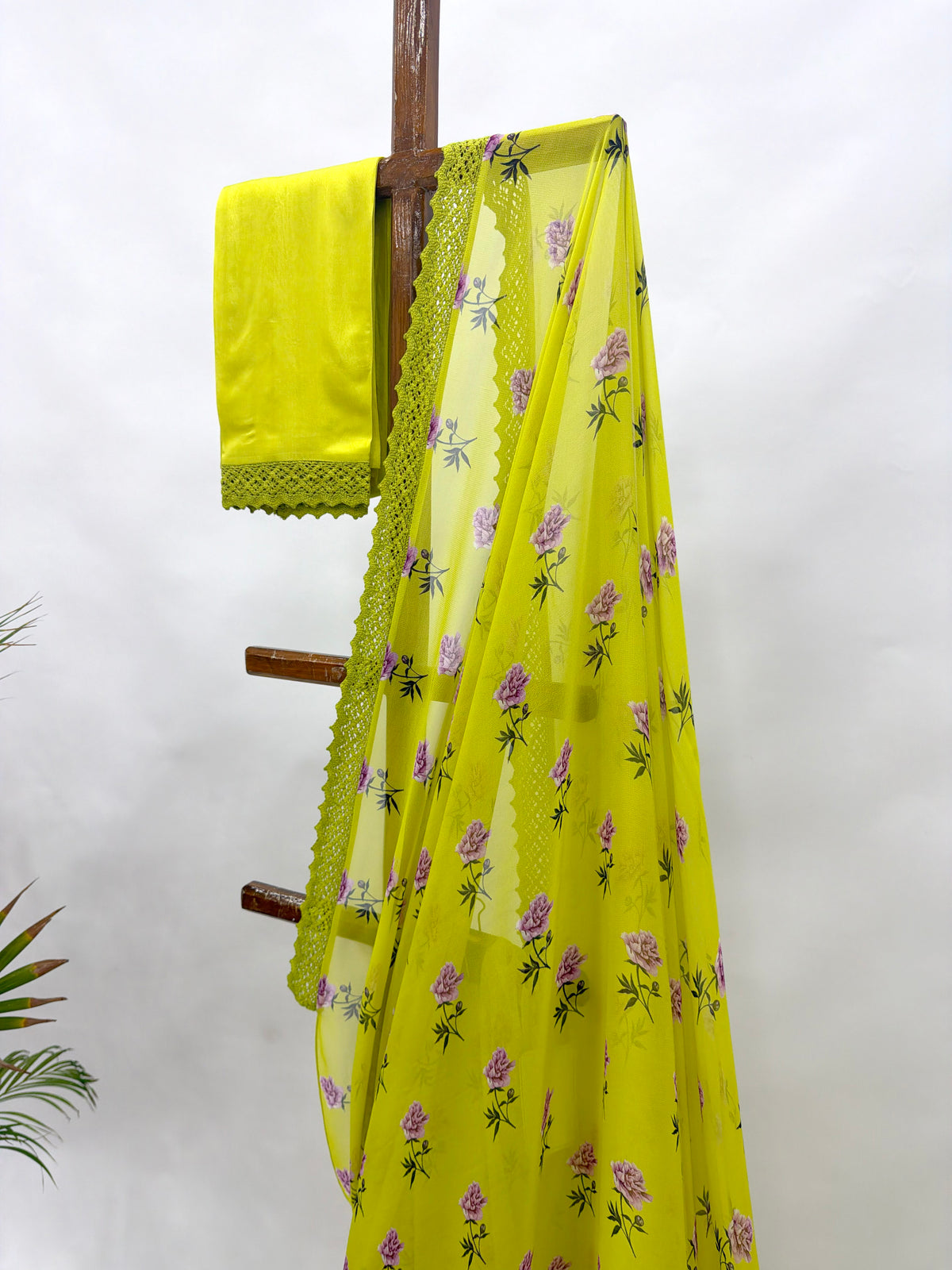 LIMEGREEN PEONIA MOTIFS GEORGETTE SAREE WITH CROCHET LACE AND SILK BLOUSE FABRIC
