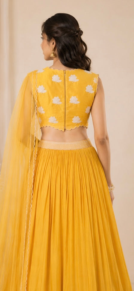 SunShine Yellow Georgette Flowers Skirt Set