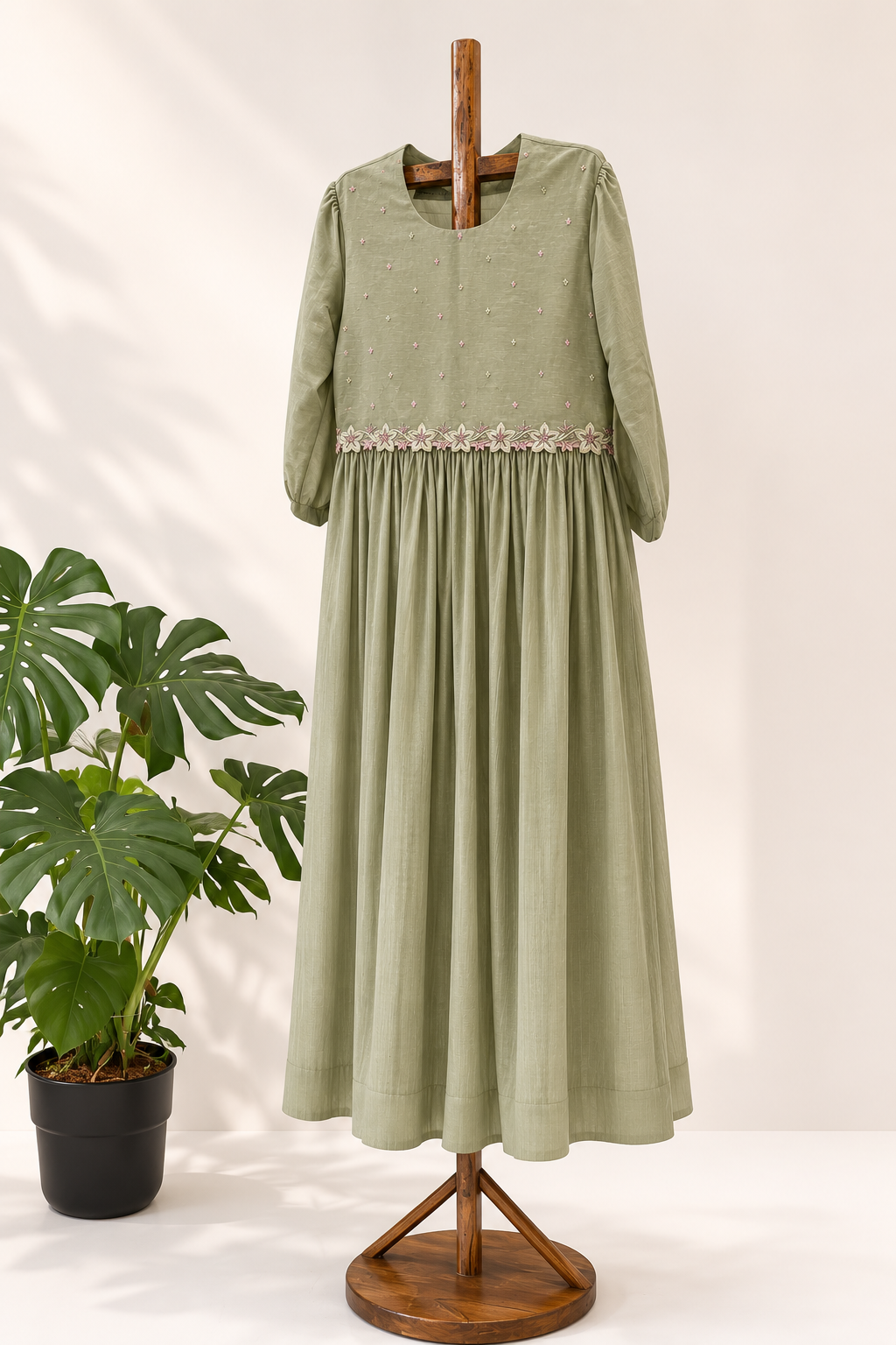 Sage Green Attached Jakcet Knot Belt Cotton Dress