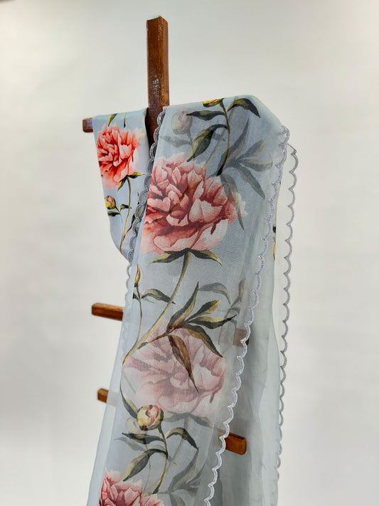 GREY PEONIA BORDER ORGANZA SAREE