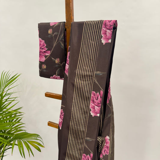 SNUFF BROWN PEONIA BORDER CREPE SILK SAREE