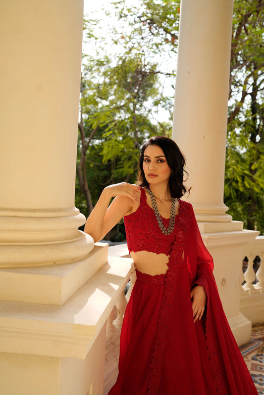 Red Applique Lehenga