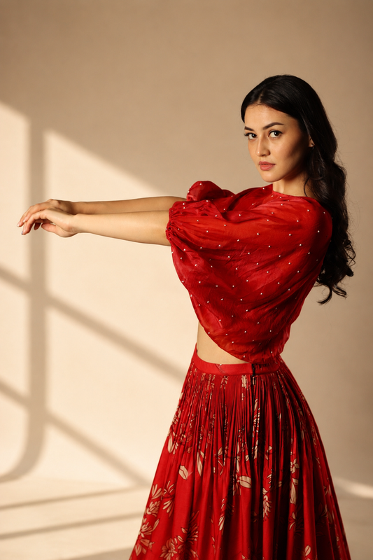 Red Foliole Balloon Top and Skirt set